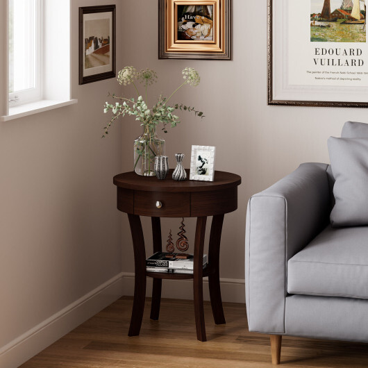2-Tier Wood Round End Table with Open Drawer-Brown - Color: Brown - Image 2