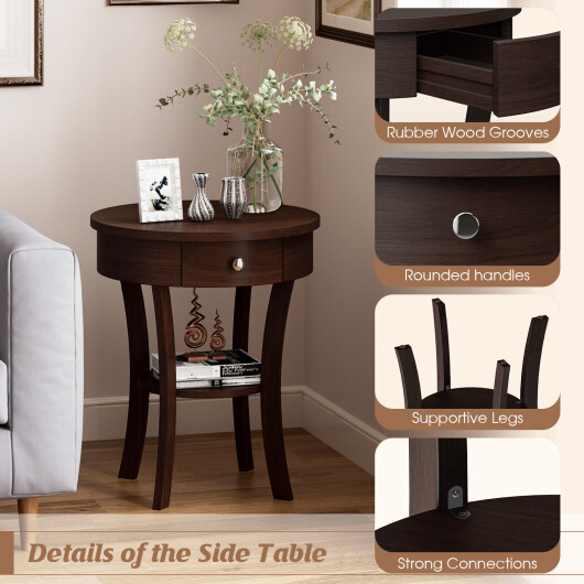 2-Tier Wood Round End Table with Open Drawer-Brown - Color: Brown - Image 3