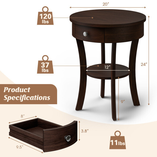 2-Tier Wood Round End Table with Open Drawer-Brown - Color: Brown - Image 4