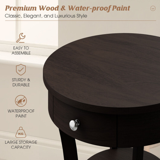 2-Tier Wood Round End Table with Open Drawer-Brown - Color: Brown - Image 5