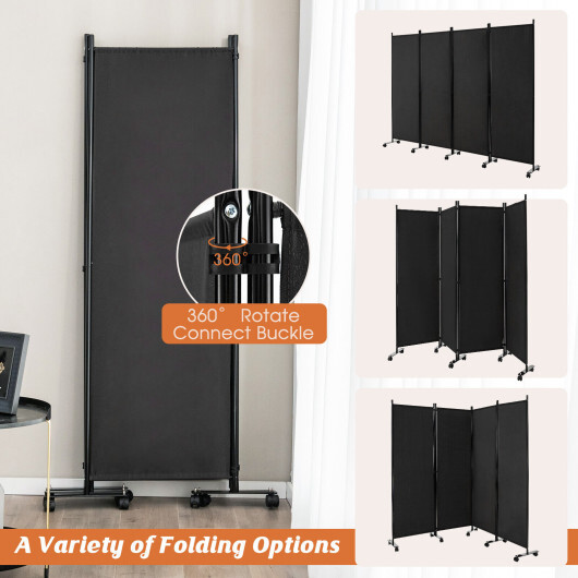 4-Panel Folding Room Divider 6 Feet Rolling Privacy Screen with Lockable Wheels-Black - Color: Black - Image 3