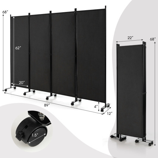 4-Panel Folding Room Divider 6 Feet Rolling Privacy Screen with Lockable Wheels-Black - Color: Black - Image 4
