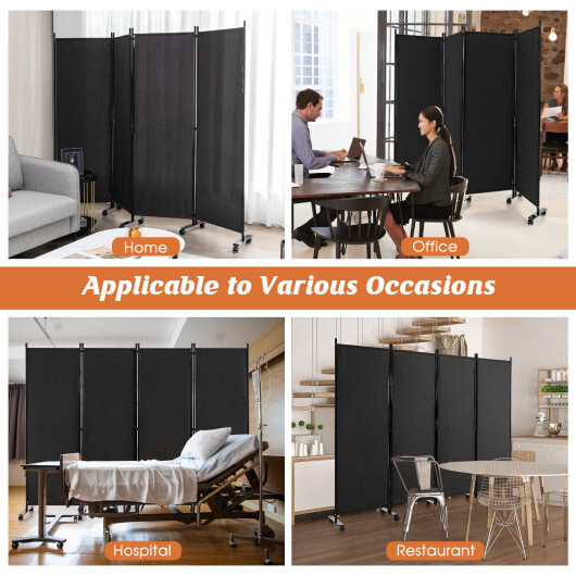 4-Panel Folding Room Divider 6 Feet Rolling Privacy Screen with Lockable Wheels-Black - Color: Black - Image 5