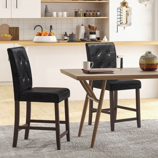 Set of 2 Bar Stools with Rubber Wood Legs and Button-Tufted Back - Color: Black - Image 2
