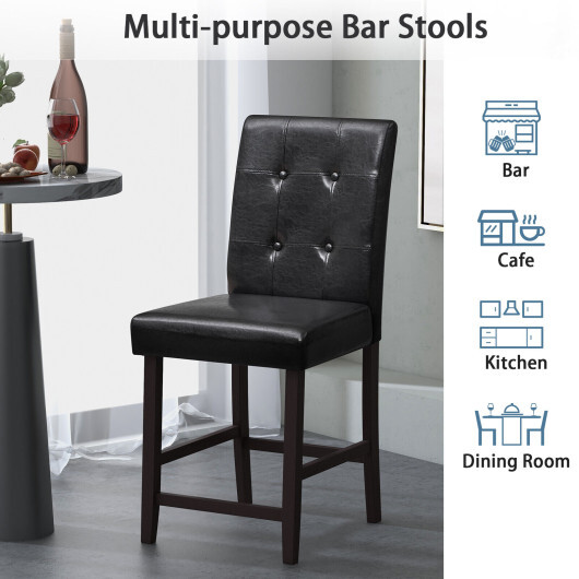 Set of 2 Bar Stools with Rubber Wood Legs and Button-Tufted Back - Color: Black - Image 3