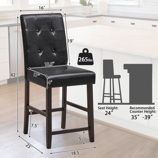 Set of 2 Bar Stools with Rubber Wood Legs and Button-Tufted Back - Color: Black - Image 4