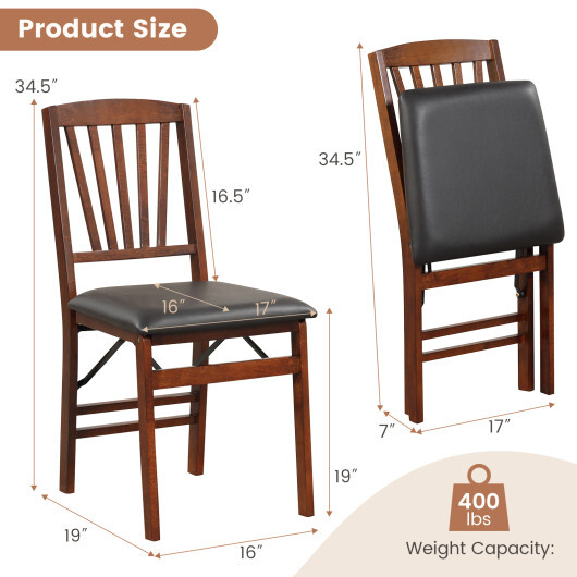 Set of 2 Folding Chairs with Padded Seat and Rubber Wood Frame-Brown - Color: Brown - Image 5