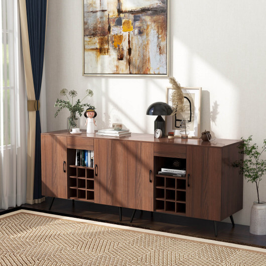 Mid-century Modern Buffet Sideboard Server Cabinet with 9-Bottle Wine Rack-Walnut - Color: Walnut - Image 3