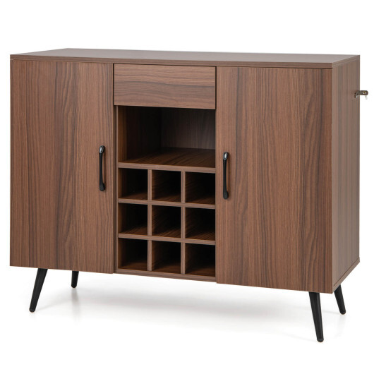 Mid-century Modern Buffet Sideboard Server Cabinet with 9-Bottle Wine Rack-Walnut - Color: Walnut - Image 4