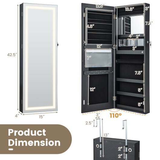 42.5 Inches Lockable Jewelry Mirror Wall Cabinet with 3-Color LED Lights-Black - Color: Black - Image 3