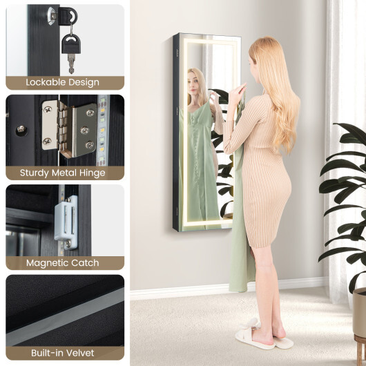 42.5 Inches Lockable Jewelry Mirror Wall Cabinet with 3-Color LED Lights-Black - Color: Black - Image 4
