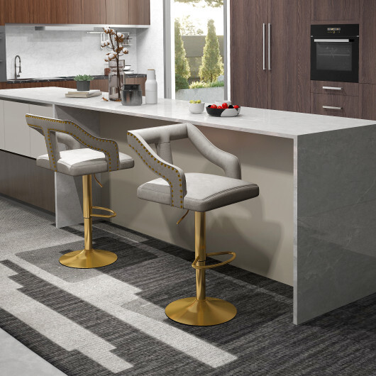 Set of 2 Bar Chairs with Footrest and 2-Layer Electroplated Metal Base-Gray - Color: Gray - Image 2