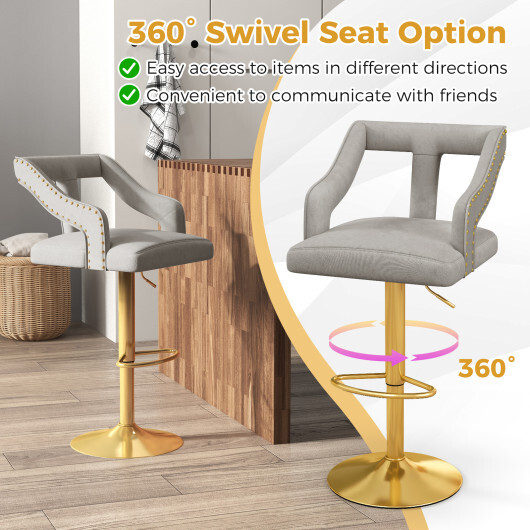 Set of 2 Bar Chairs with Footrest and 2-Layer Electroplated Metal Base-Gray - Color: Gray - Image 4