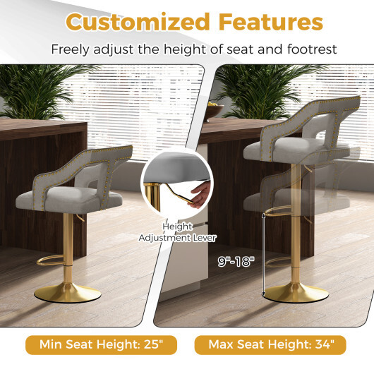 Set of 2 Bar Chairs with Footrest and 2-Layer Electroplated Metal Base-Gray - Color: Gray - Image 5