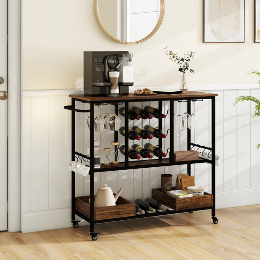 3 Tiers Bar Cart on Wheels with Glass Racks-Rustic Brown - Color: Rustic Brown - Image 2