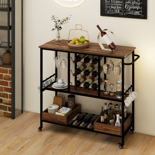 3 Tiers Bar Cart on Wheels with Glass Racks-Rustic Brown - Color: Rustic Brown - Image 3