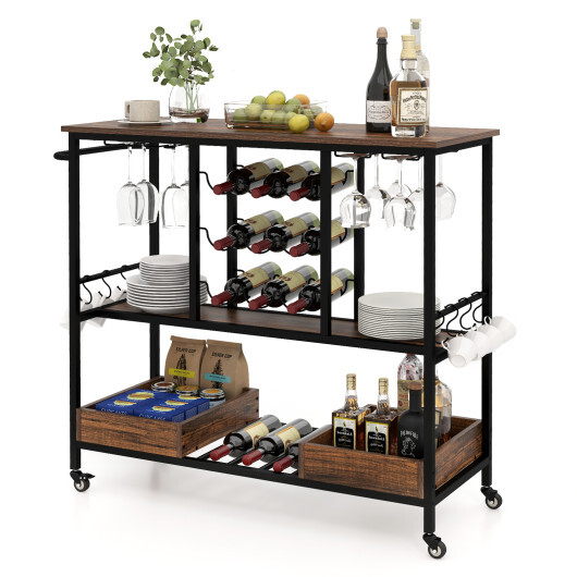 3 Tiers Bar Cart on Wheels with Glass Racks-Rustic Brown - Color: Rustic Brown - Image 4