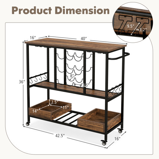 3 Tiers Bar Cart on Wheels with Glass Racks-Rustic Brown - Color: Rustic Brown - Image 5