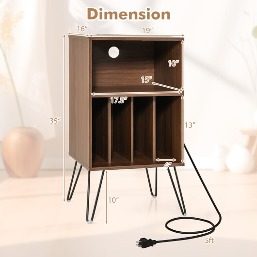 Record Player Stand with Charging Station for Living Room Bedroom-Walnut - Color: Walnut - Image 5