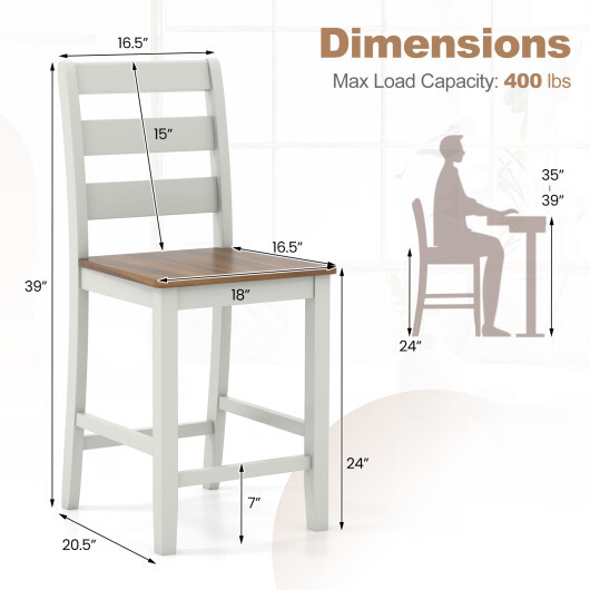 Set of 2 Counter Bar Stool with Inclined Backrest and Footrest-Gray - Color: Gray - Image 4