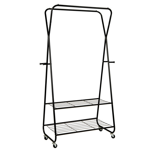 Heavy Duty Clothes Rack on Wheels with Shelves-Black - Color: Black
