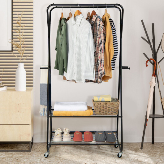 Heavy Duty Clothes Rack on Wheels with Shelves-Black - Color: Black - Image 2