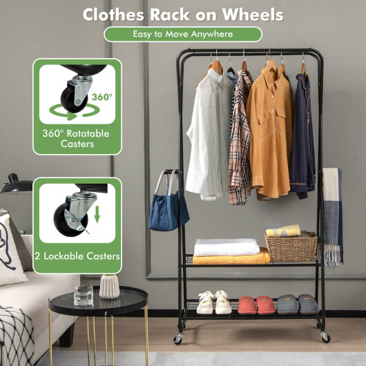 Heavy Duty Clothes Rack on Wheels with Shelves-Black - Color: Black - Image 3