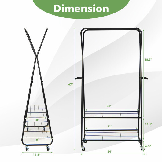 Heavy Duty Clothes Rack on Wheels with Shelves-Black - Color: Black - Image 4