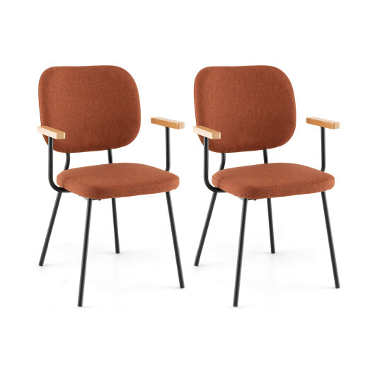 Set of 2 Modern Fabric Dining Chairs with Armrest and Curved Backrest-Orange - Color: Orange