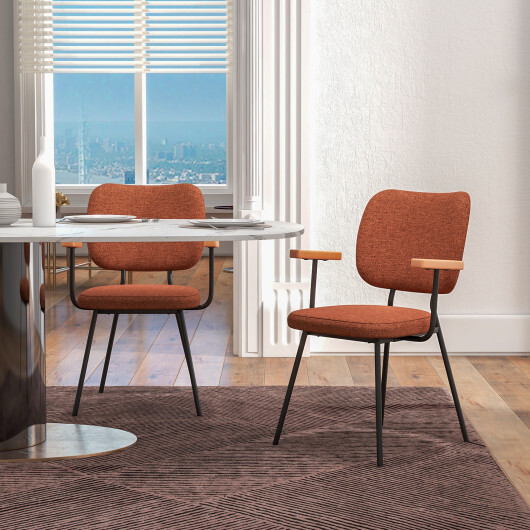 Set of 2 Modern Fabric Dining Chairs with Armrest and Curved Backrest-Orange - Color: Orange - Image 3