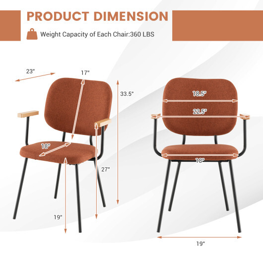 Set of 2 Modern Fabric Dining Chairs with Armrest and Curved Backrest-Orange - Color: Orange - Image 4