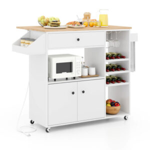 Drop Leaf Mobile Kitchen Island Cart with Power Outlet and Adjustable Shelf-White - Color: White