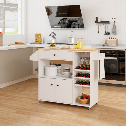 Drop Leaf Mobile Kitchen Island Cart with Power Outlet and Adjustable Shelf-White - Color: White - Image 2