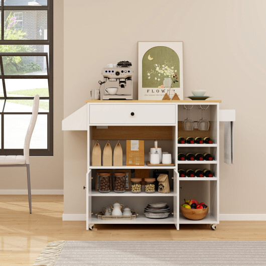 Drop Leaf Mobile Kitchen Island Cart with Power Outlet and Adjustable Shelf-White - Color: White - Image 3