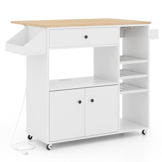 Drop Leaf Mobile Kitchen Island Cart with Power Outlet and Adjustable Shelf-White - Color: White - Image 4