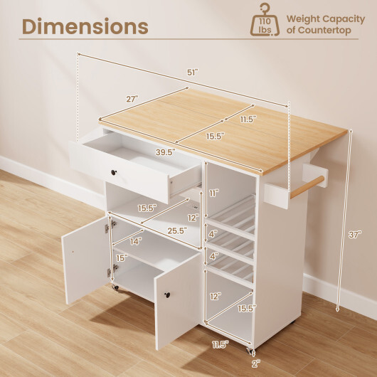 Drop Leaf Mobile Kitchen Island Cart with Power Outlet and Adjustable Shelf-White - Color: White - Image 5