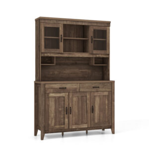 Kitchen Freestanding Hutch Cabinet with Microwave Countertop-Brown - Color: Brown