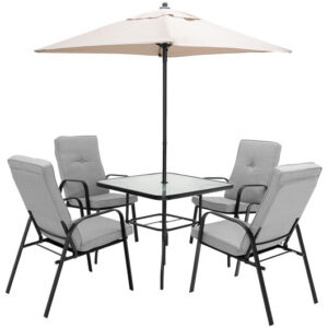 6 Pieces Patio Dining Set with Umbrella and Stackable Cushioned Chairs - Color: Gray