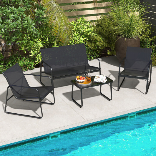 4 Pieces Outdoor Conversation Set with Tempered Glass Coffee Table-Black - Color: Black - Image 2