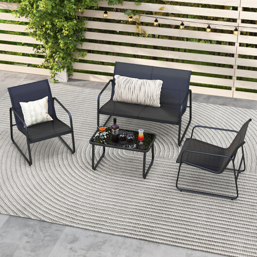 4 Pieces Outdoor Conversation Set with Tempered Glass Coffee Table-Black - Color: Black - Image 3