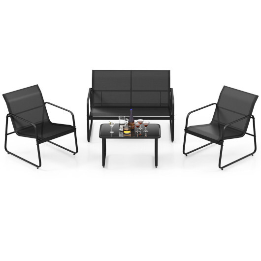 4 Pieces Outdoor Conversation Set with Tempered Glass Coffee Table-Black - Color: Black - Image 4