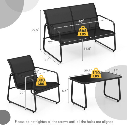 4 Pieces Outdoor Conversation Set with Tempered Glass Coffee Table-Black - Color: Black - Image 5