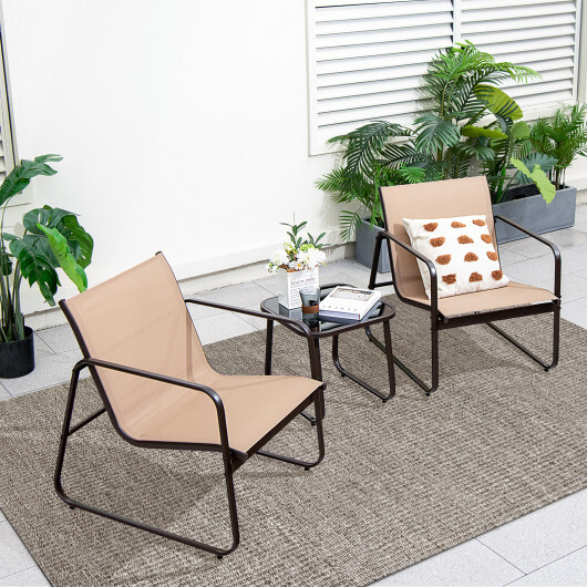 3 Pieces Patio Conversation Set with Breathable Fabric and Tabletop-Brown - Color: Brown - Image 2