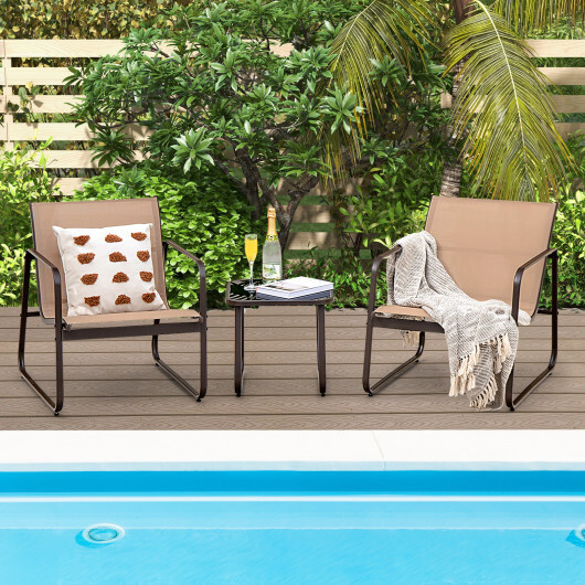 3 Pieces Patio Conversation Set with Breathable Fabric and Tabletop-Brown - Color: Brown - Image 3