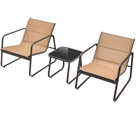 3 Pieces Patio Conversation Set with Breathable Fabric and Tabletop-Brown - Color: Brown - Image 4