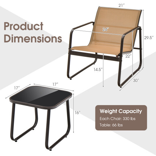 3 Pieces Patio Conversation Set with Breathable Fabric and Tabletop-Brown - Color: Brown - Image 5