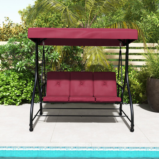 3 Seat Outdoor Porch Swing with Adjustable Canopy-Wine - Color: Wine - Image 2