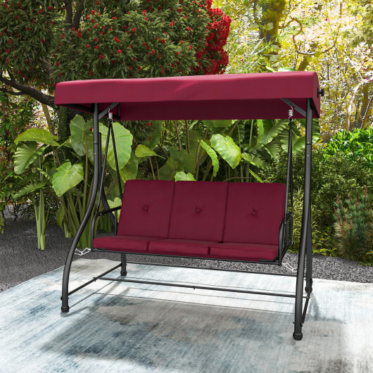 3 Seat Outdoor Porch Swing with Adjustable Canopy-Wine - Color: Wine - Image 3