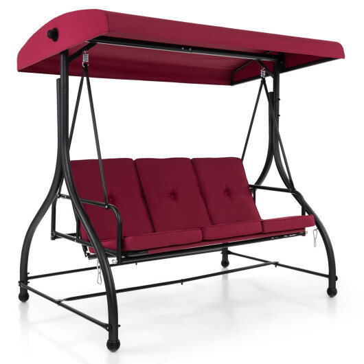 3 Seat Outdoor Porch Swing with Adjustable Canopy-Wine - Color: Wine - Image 4