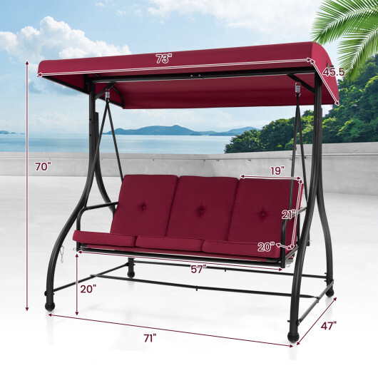 3 Seat Outdoor Porch Swing with Adjustable Canopy-Wine - Color: Wine - Image 5
